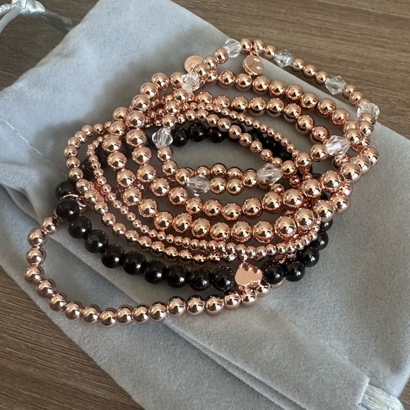 Elegant Rose Gold and Black Beaded Bracelet Set gold plated armstack set of 7 - Picture 2 of 8